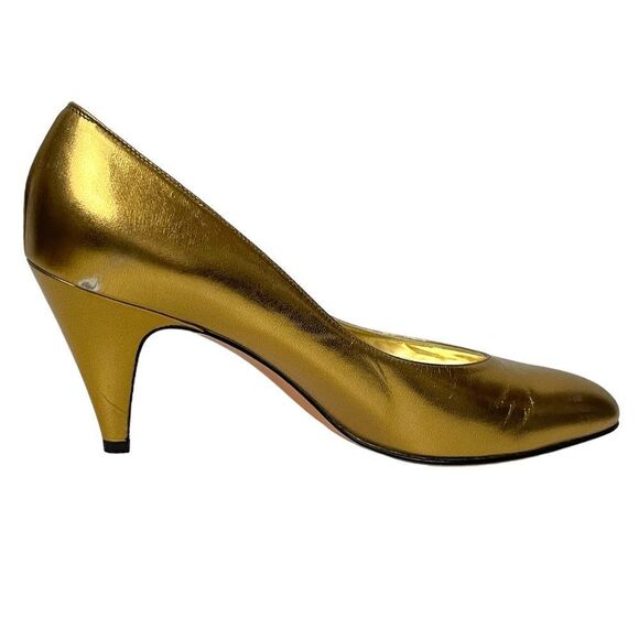 NIB FERRAGAMO Vintage Deadstock Gold Metallic Leather Pumps 7AA - Picture 6 of 12
